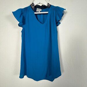 Anthropologie HD In Paris Womens Flutter Sleeve Embroidered Collar Blue Top 6